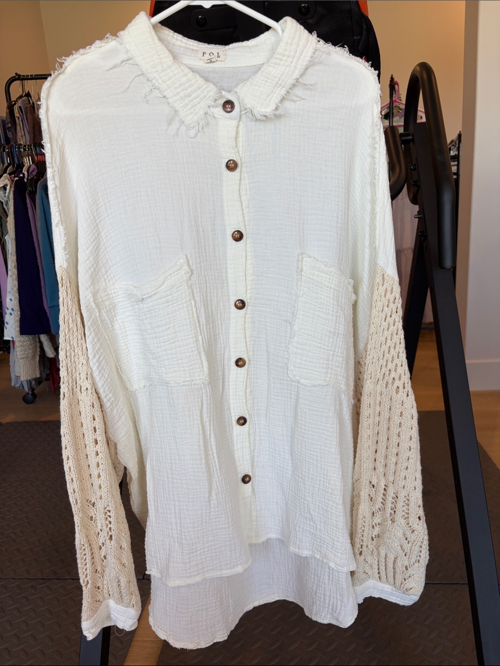 POL Cream Button-Down Top with Knit Sleeve Panels